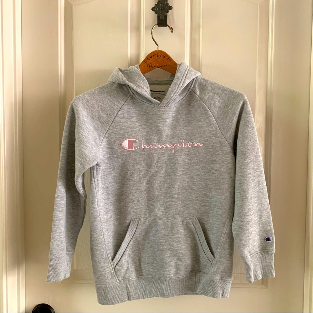 Champion Girls Kids Gray Hoodie with pink writing and logo on sleeve